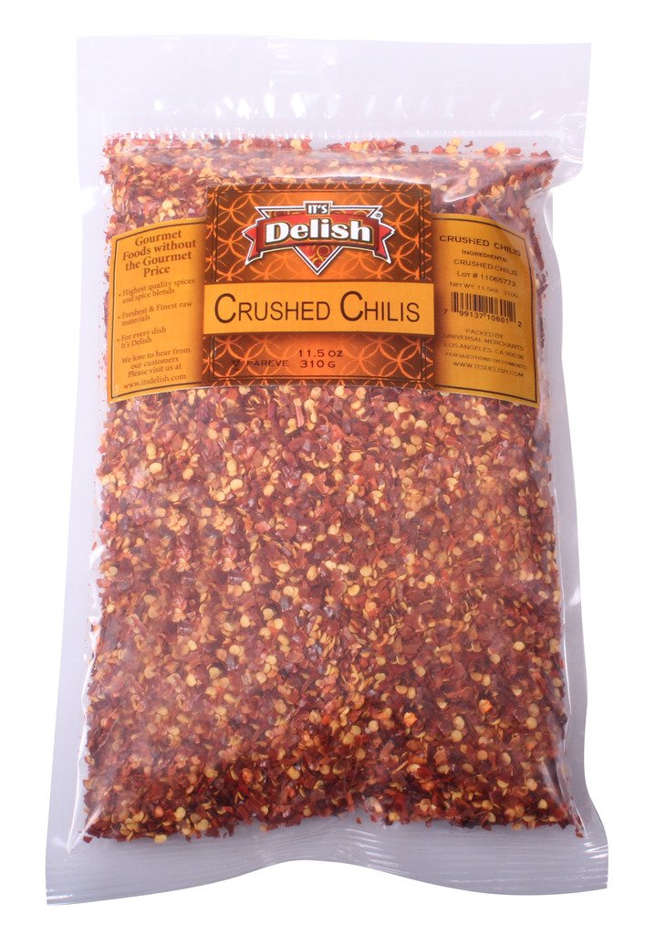 It's Delish crushed chilies bulk bag pour highlights easy seasoning for soups and sauces.