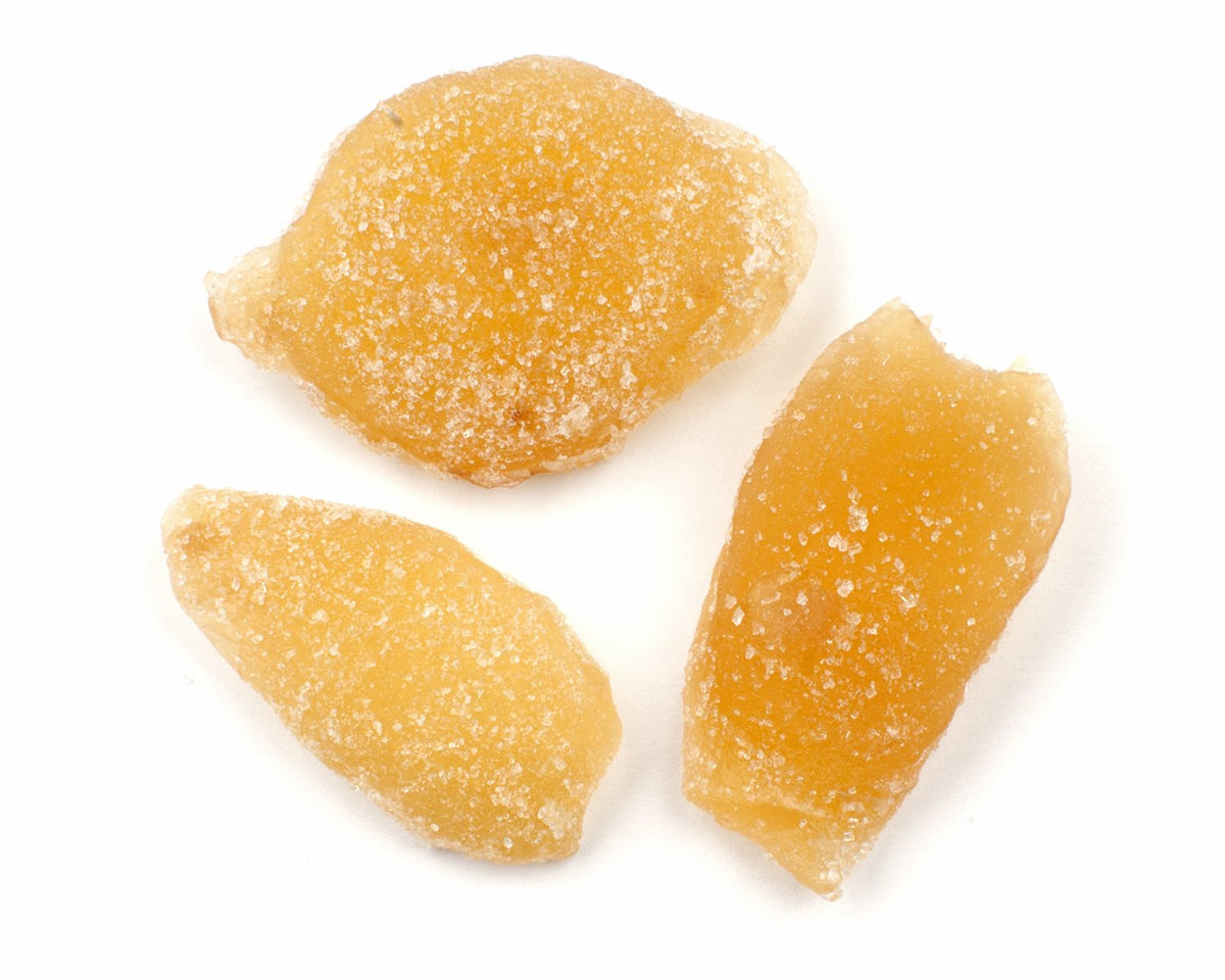 It's Delish crystallized ginger 5lb bag shown in bulk form, ideal for baking and snacking.