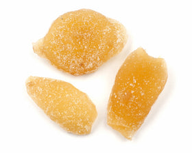 It's Delish crystallized ginger 5lb bag shown in bulk form, ideal for baking and snacking.