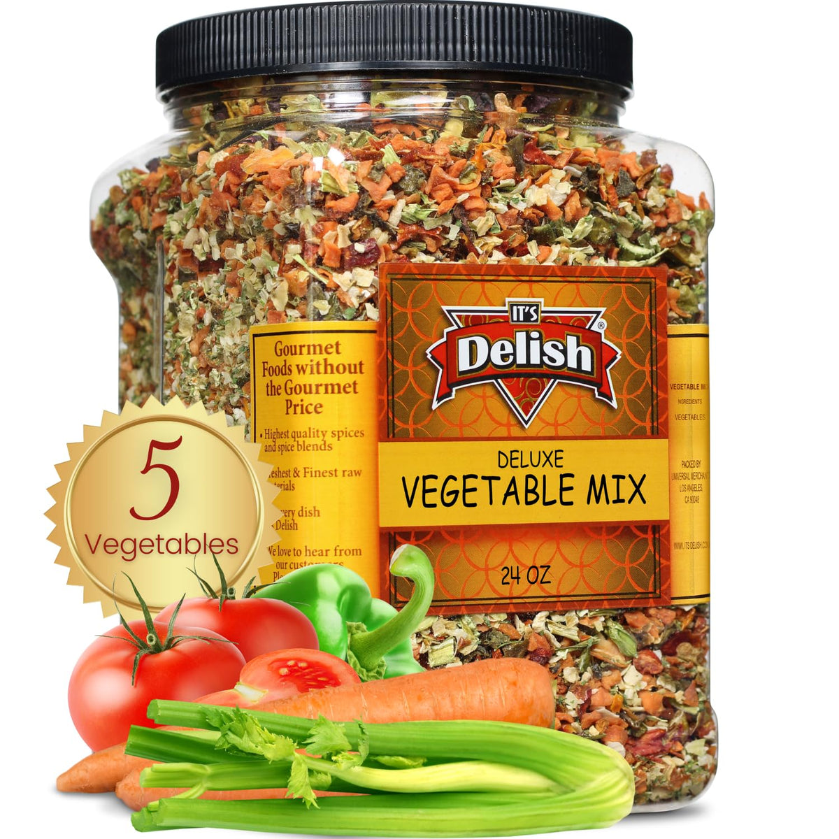 Its Delish Deluxe Dried Vegetable Soup Mix container for quick meals.