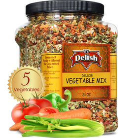 Its Delish Deluxe Dried Vegetable Soup Mix container for quick meals.