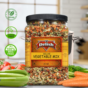 Its Delish Deluxe Dried Vegetable Soup Mix ingredients close-up showing colorful veggies.