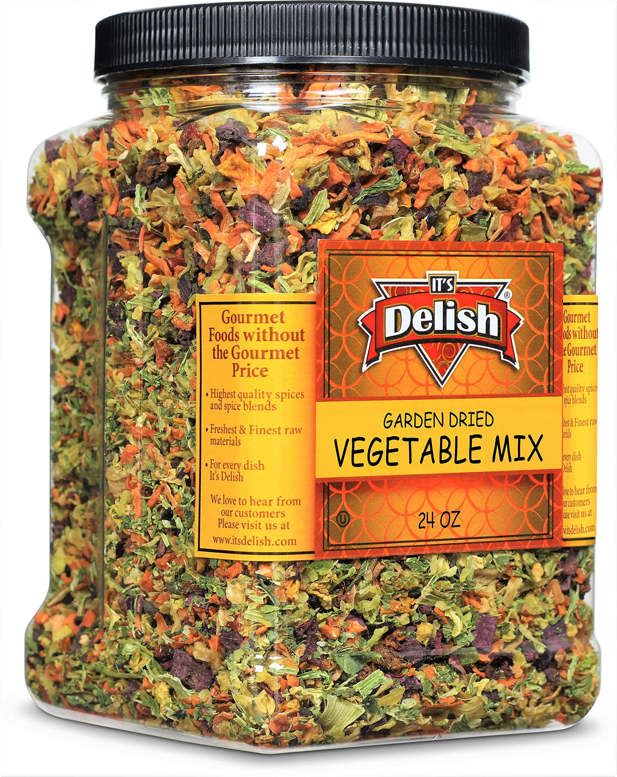 It's Delish Garden Vegetable Soup Mix jar shows vibrant dehydrated vegetables for quick meals.