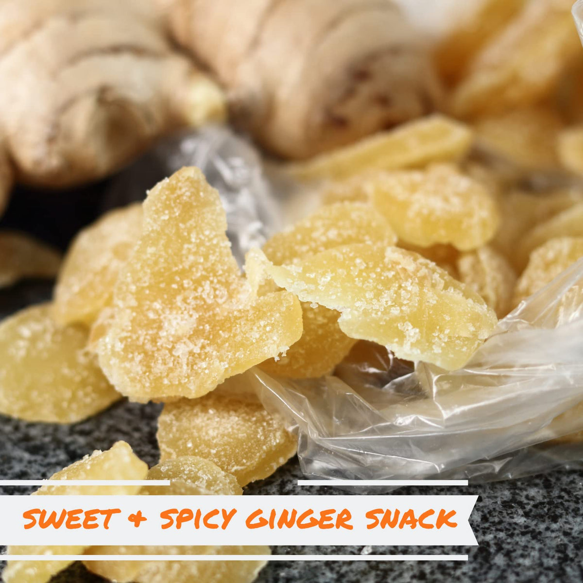 It's Delish ginger candies closeup highlighting sugar crystals and chewy texture