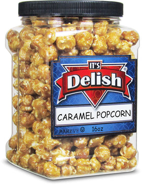 Its Delish gourmet caramel popcorn container front view, ideal for craving moments.