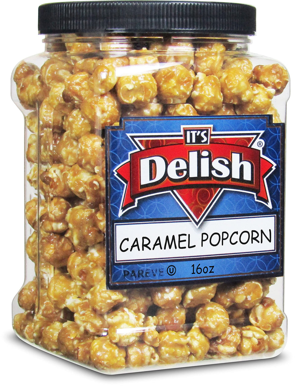 Its Delish gourmet caramel popcorn container front view, ideal for craving moments.
