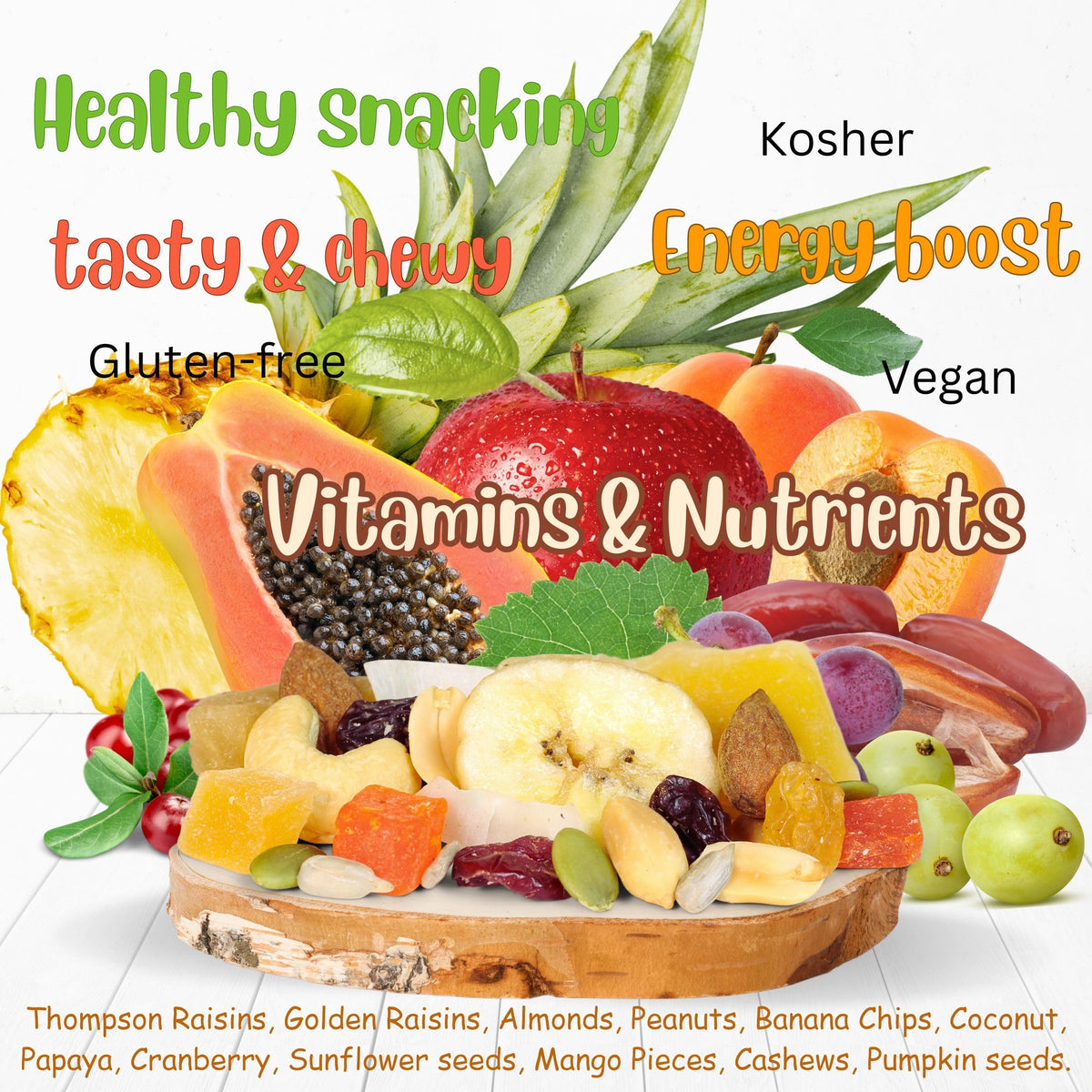 It's Delish Tropical Mix Trail Mix closeup-ingredients reveals almonds, cashews, pineapple, and raisins for nutritious crunch.