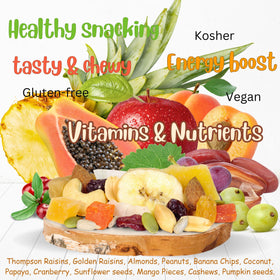 It's Delish Tropical Mix Trail Mix closeup-ingredients reveals almonds, cashews, pineapple, and raisins for nutritious crunch.