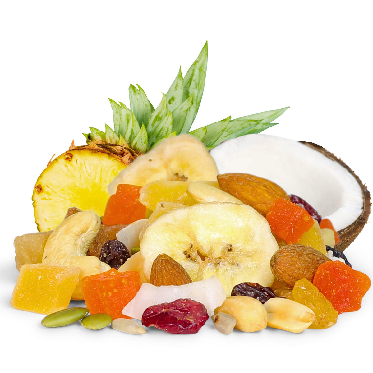 It's Delish Tropical Mix Trail Mix serving bowl showcases a colorful medley perfect for family snacking anytime.