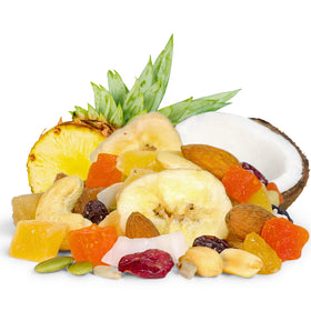 It's Delish Tropical Mix Trail Mix serving bowl showcases a colorful medley perfect for family snacking anytime.