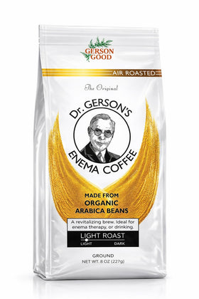 Dr. Gerson's Enema Coffee ground, air-roasted in a resealable 8oz bag for freshness.