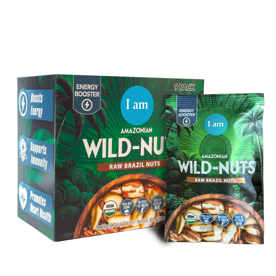 It's Good Energy I Am Organic Brazil Wild Nuts pack front, a sustainable, convenient snack.
