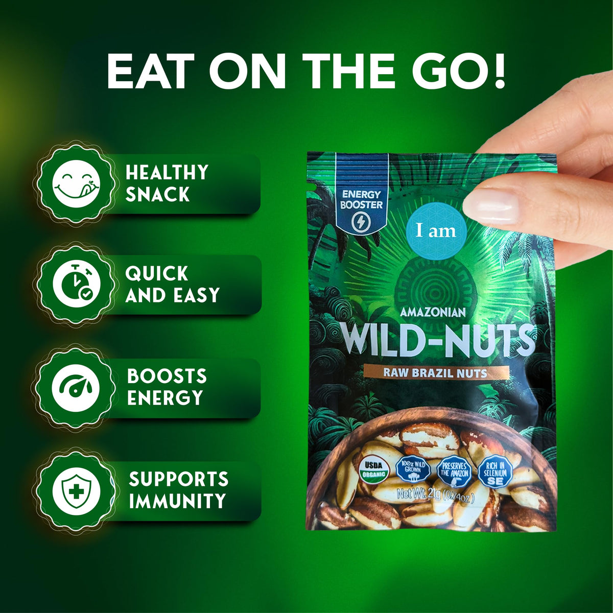 It's Good Energy I Am Organic Brazil Wild Nuts pouch open, ready-to-snack.