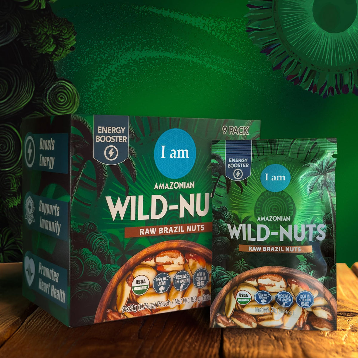 It's Good Energy I Am Organic Brazil Wild Nuts sealed bag, freshness preserved.