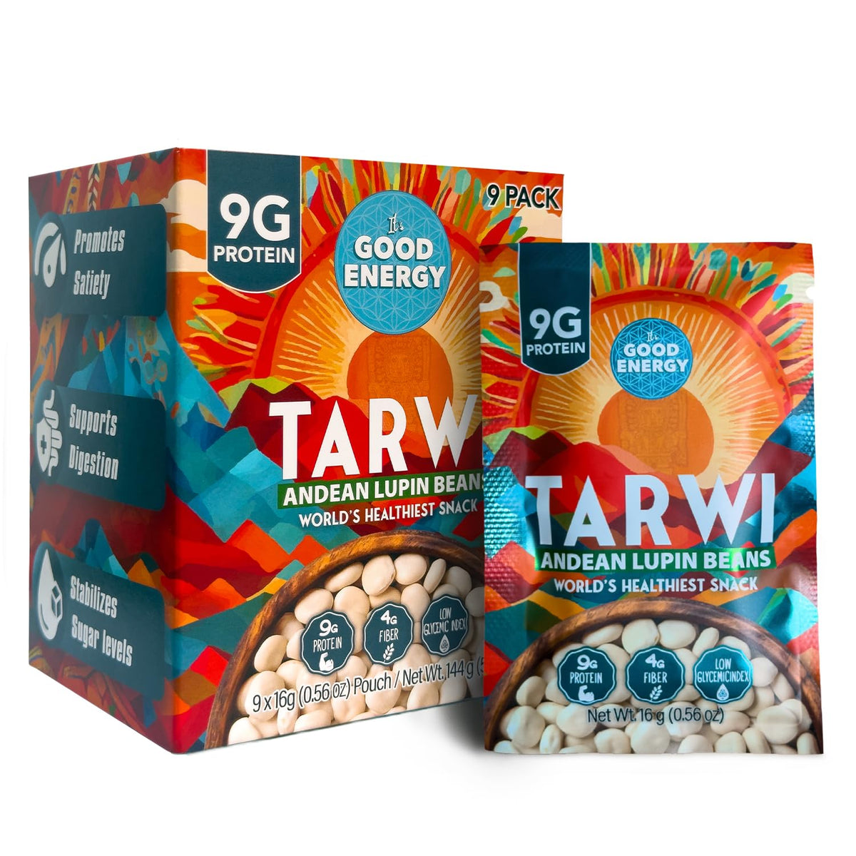 Its Good Energy Tarwi Snack packaging front showing a high-protein, low-carb plant snack.