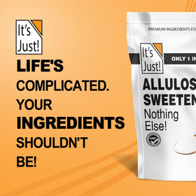 It's Just! Allulose packaging close-up shows non-glycemic, high-purity sweetness.