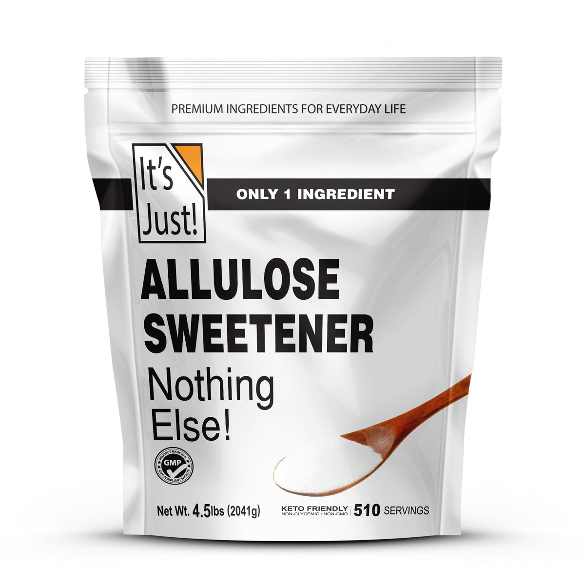 It's Just! Allulose tub front label highlights Non-GMO and non-glycemic attributes.