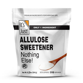 It's Just! Allulose tub front label highlights Non-GMO and non-glycemic attributes.