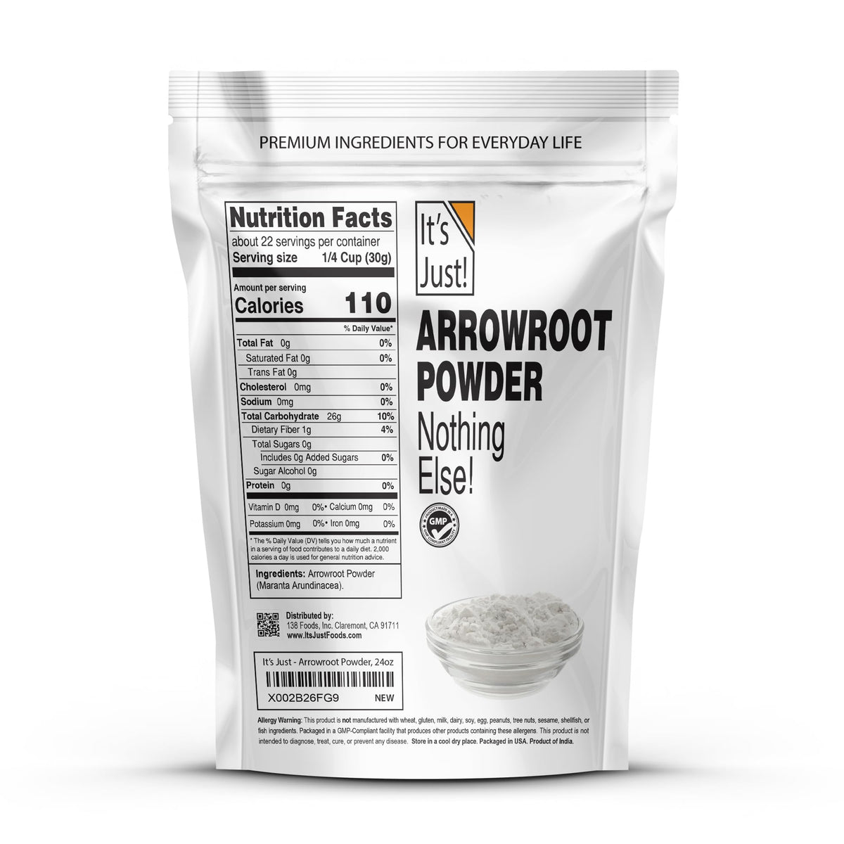 Its Just Arrowroot Powder close-up showing fine texture and premium packaging.