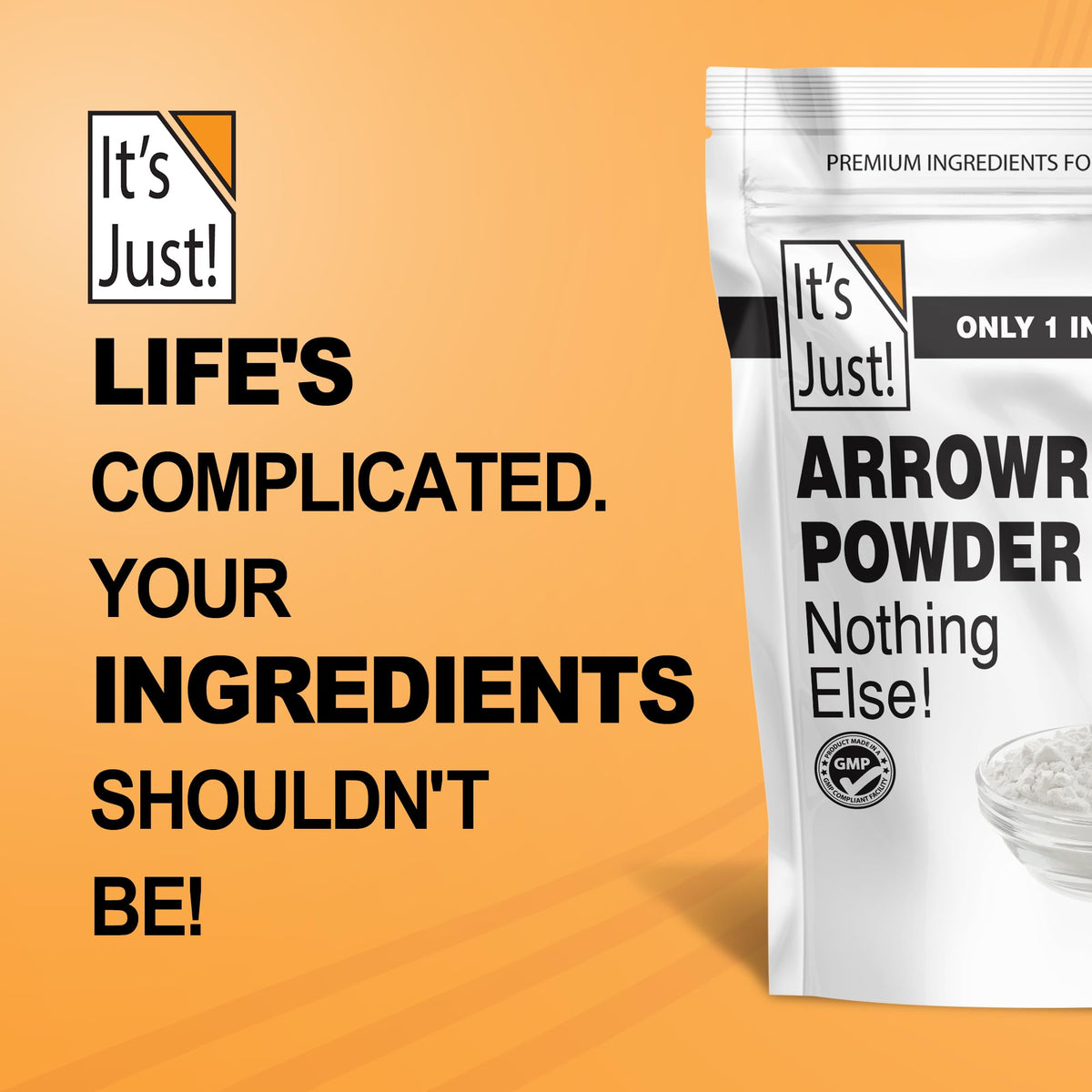 It's Just arrowroot powder product image suggests gluten-free and dairy-free versatility.