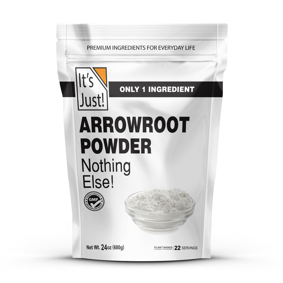 Its Just Arrowroot Powder in a stand-up pouch, a clean pantry staple for gluten-free cooking.