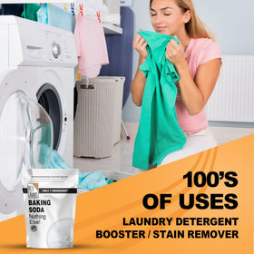 It's Just! Baking Soda on bathroom surfaces; cleans and deodorizes effectively.