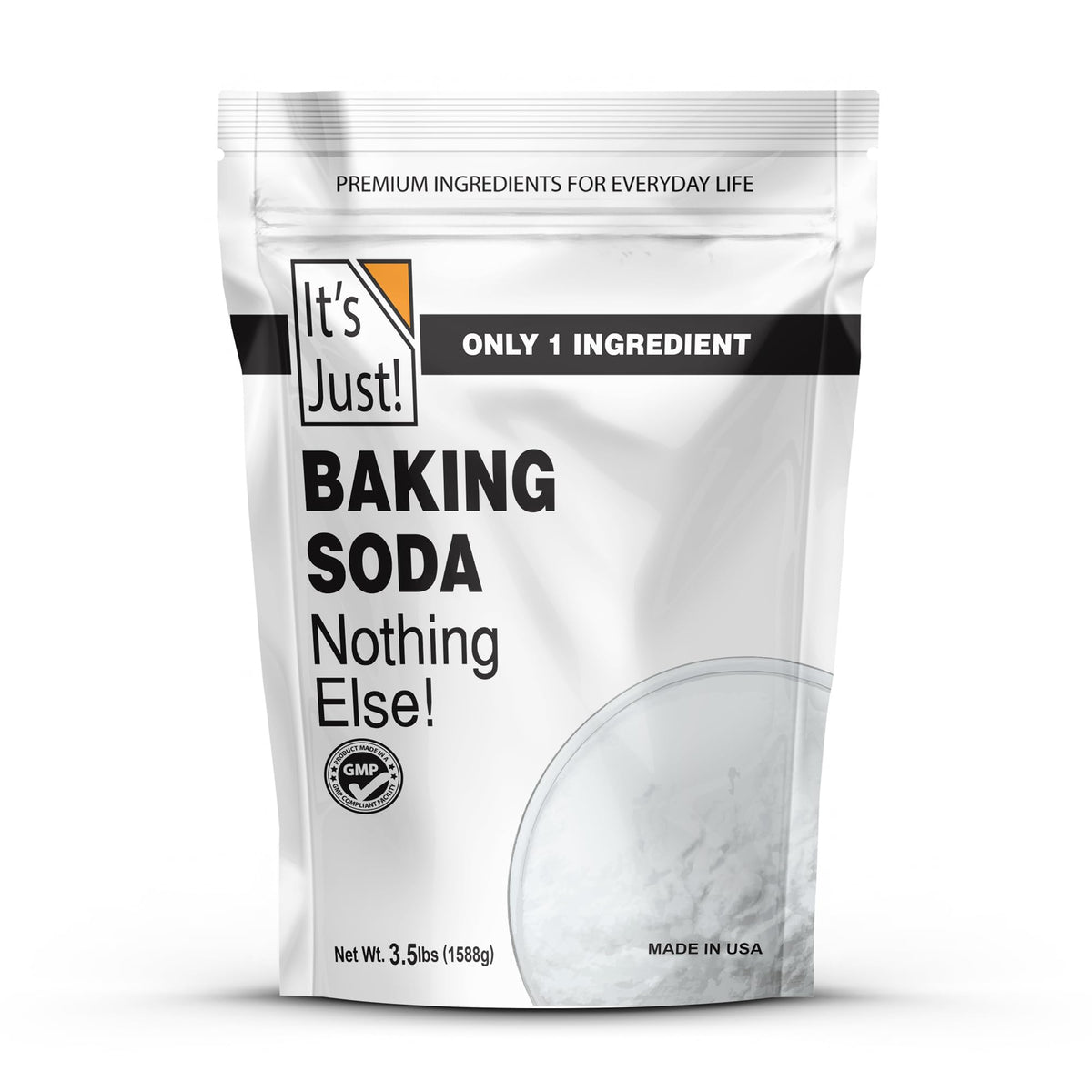 It's Just! Baking Soda container label highlights purity and everyday versatility.