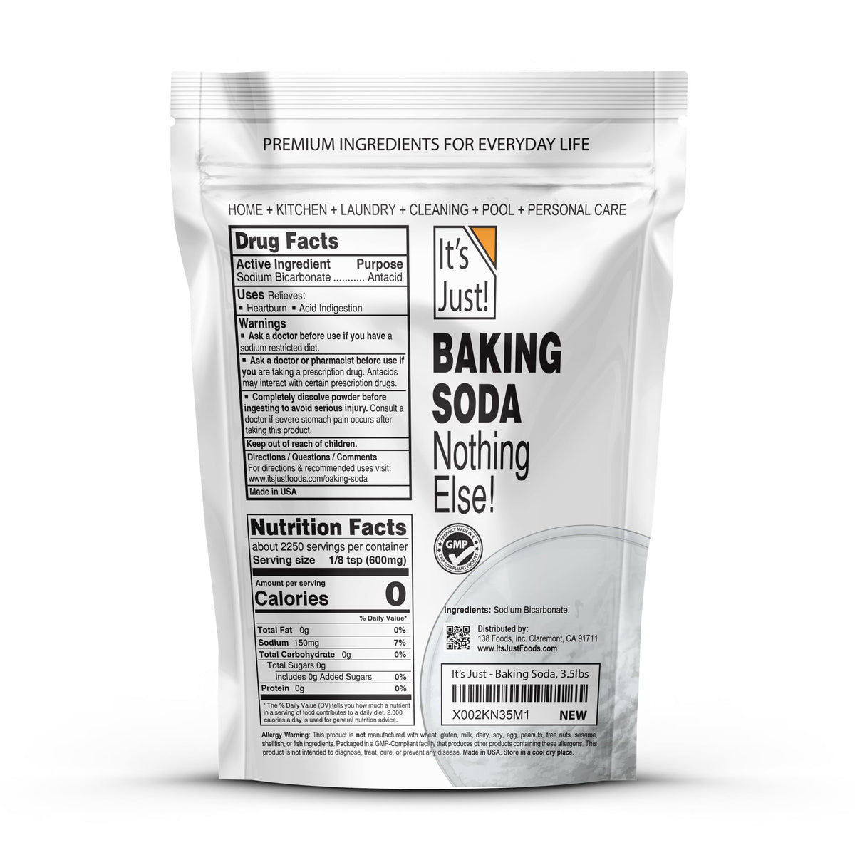 It's Just! Baking Soda being poured; versatile for baking and deodorizing tasks.