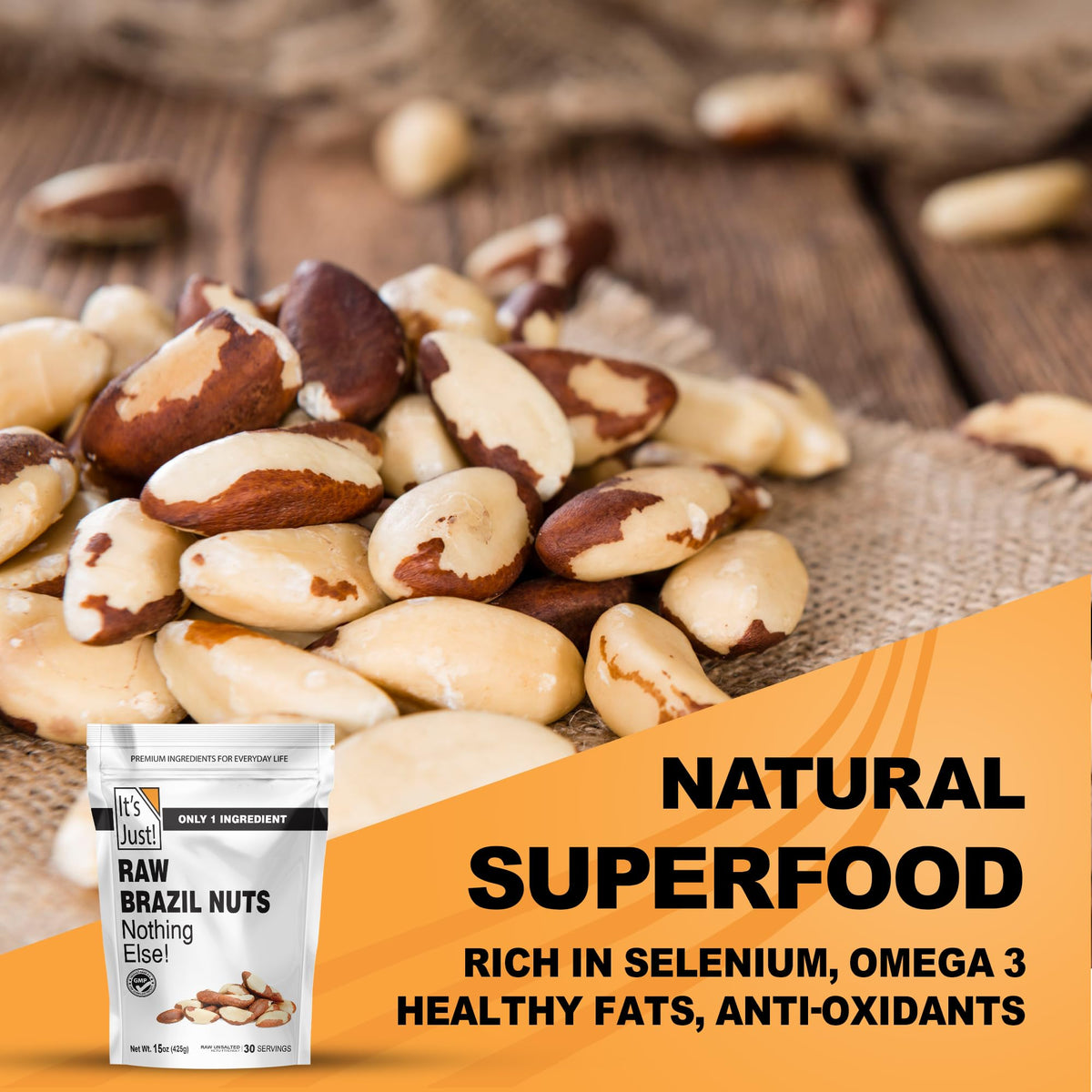 It's Just! Brazil nuts nutrition label highlighting selenium and vitamin E