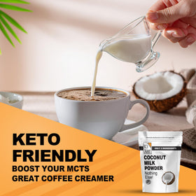 It's Just coconut milk powder measuring spoon ready to bake dairy-free desserts.