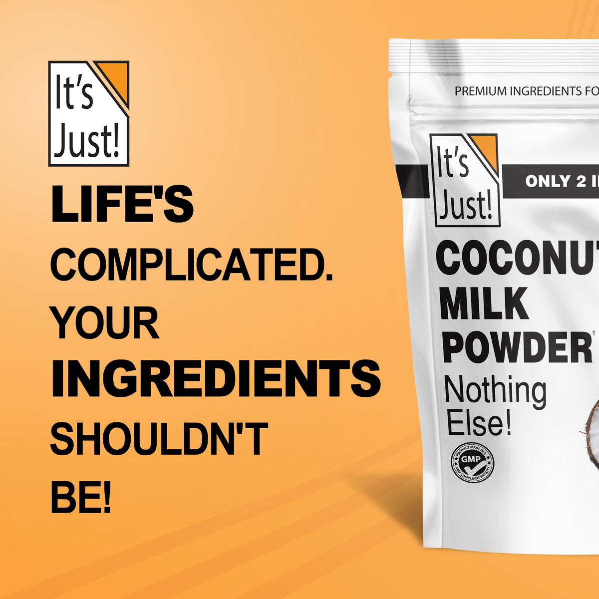 It's Just coconut milk powder packaging on shelf highlighting non-GMO product.
