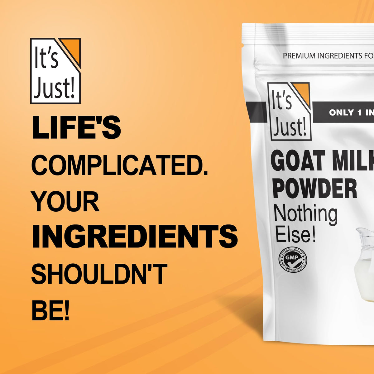 It's Just! Goat Milk Powder lab-tested seal ensures purity and safety.