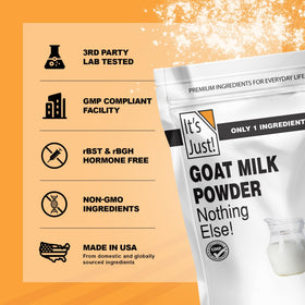 It's Just! Goat Milk Powder with pet treat illustrates versatile use.