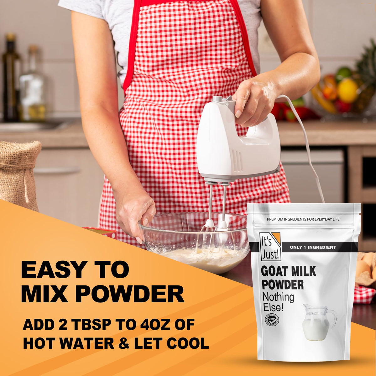 It's Just! Goat Milk Powder close-up shows creamy powder.