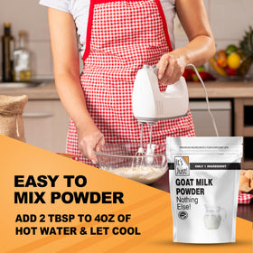 It's Just! Goat Milk Powder close-up shows creamy powder.