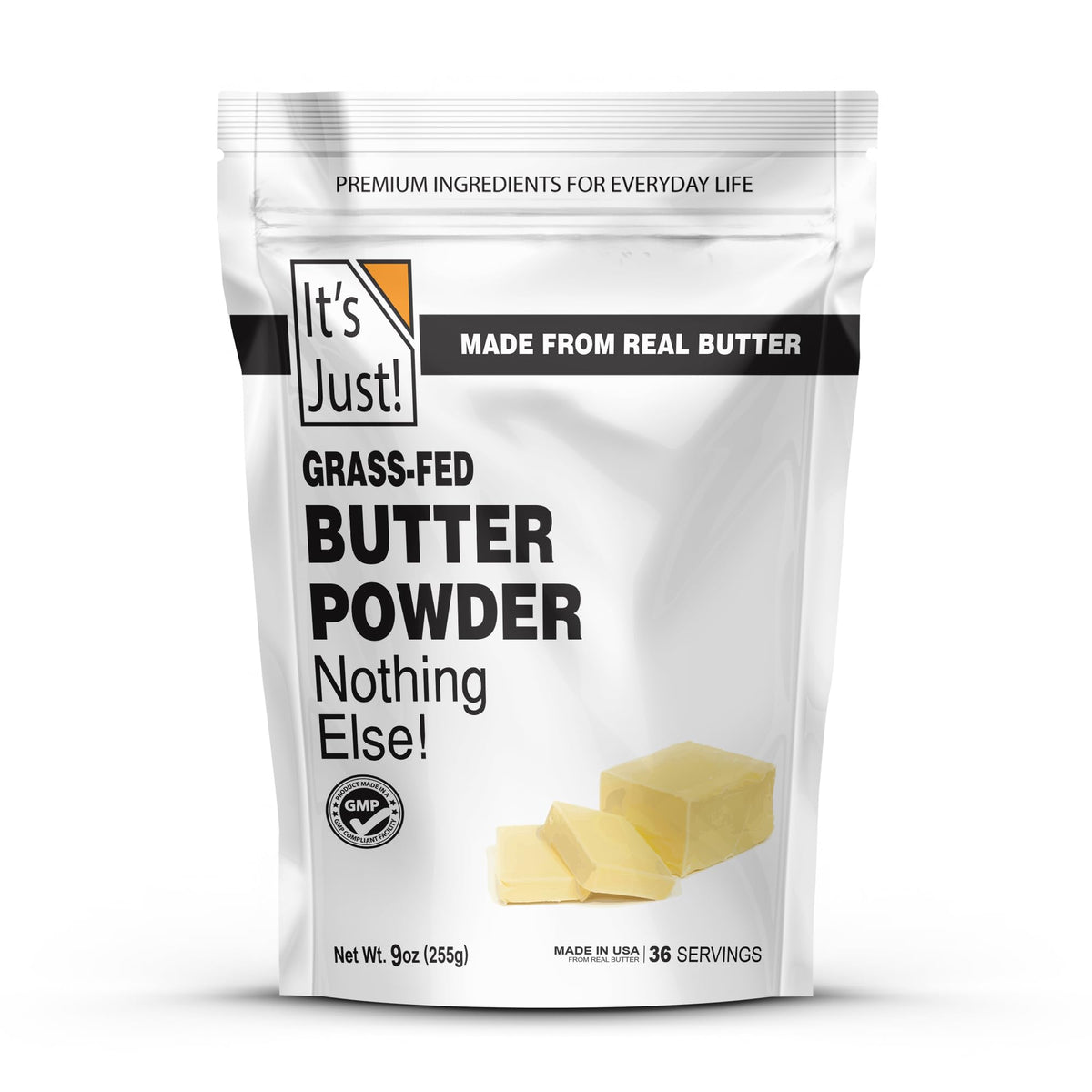 It's Just! grass-fed butter powder front view showing premium, shelf-stable fat.