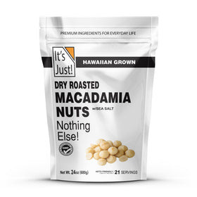 Its Just Hawaiian Macadamia Nuts bag closeup highlighting premium dry roasted flavor for snacking