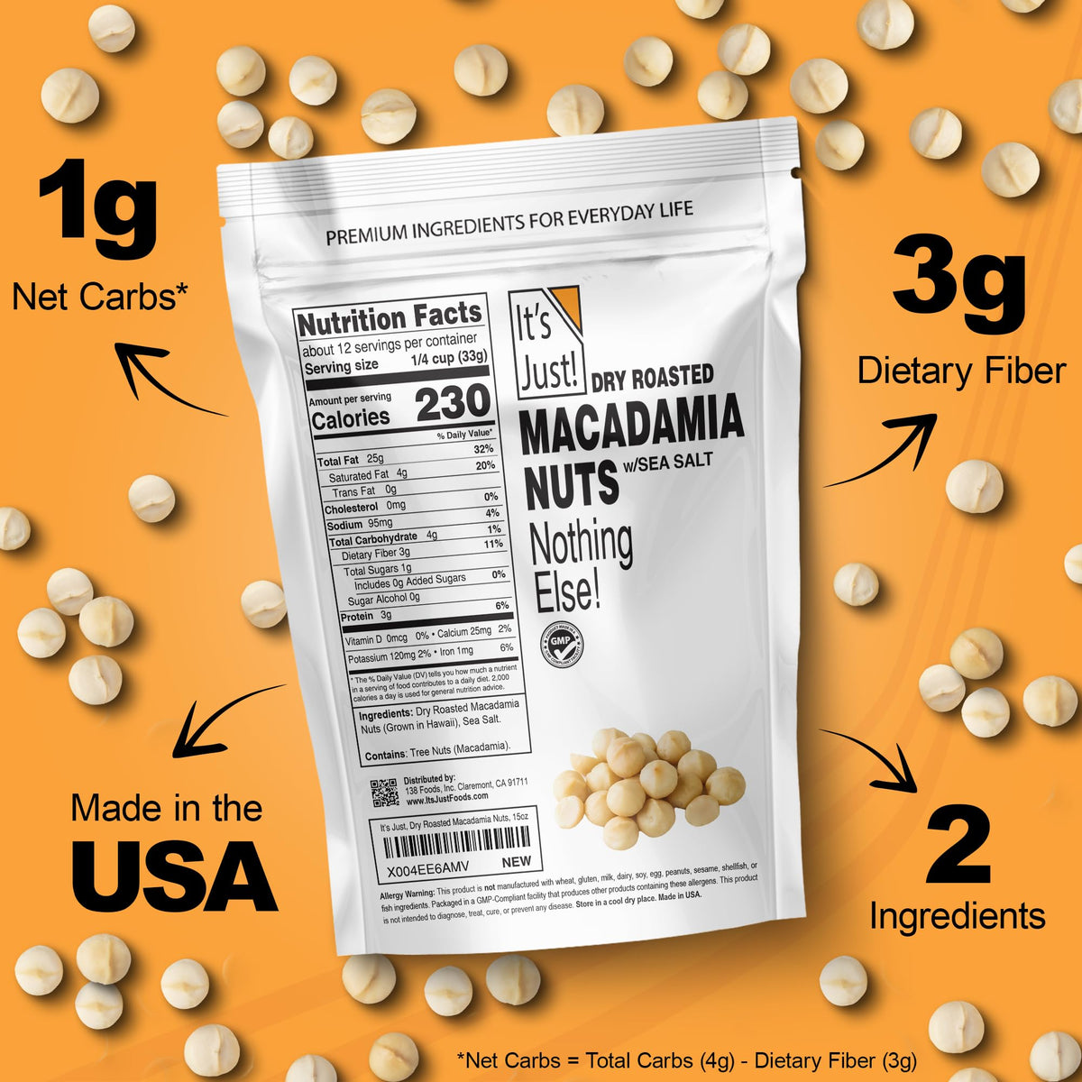 Its Just Hawaiian Macadamia Nuts resealable bag closeup illustrating freshness