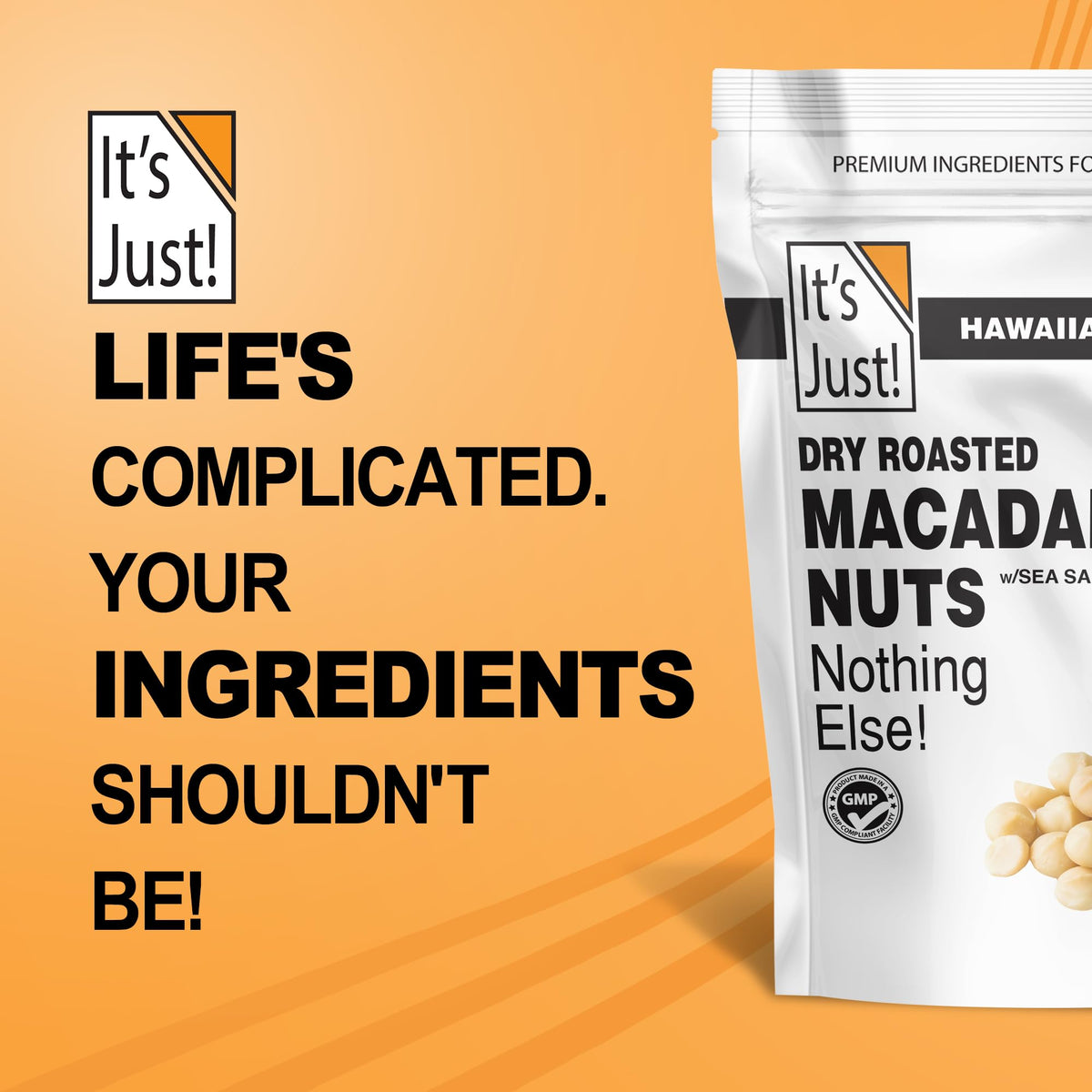 Its Just Hawaiian Macadamia Nuts packaging and label signaling gluten free option