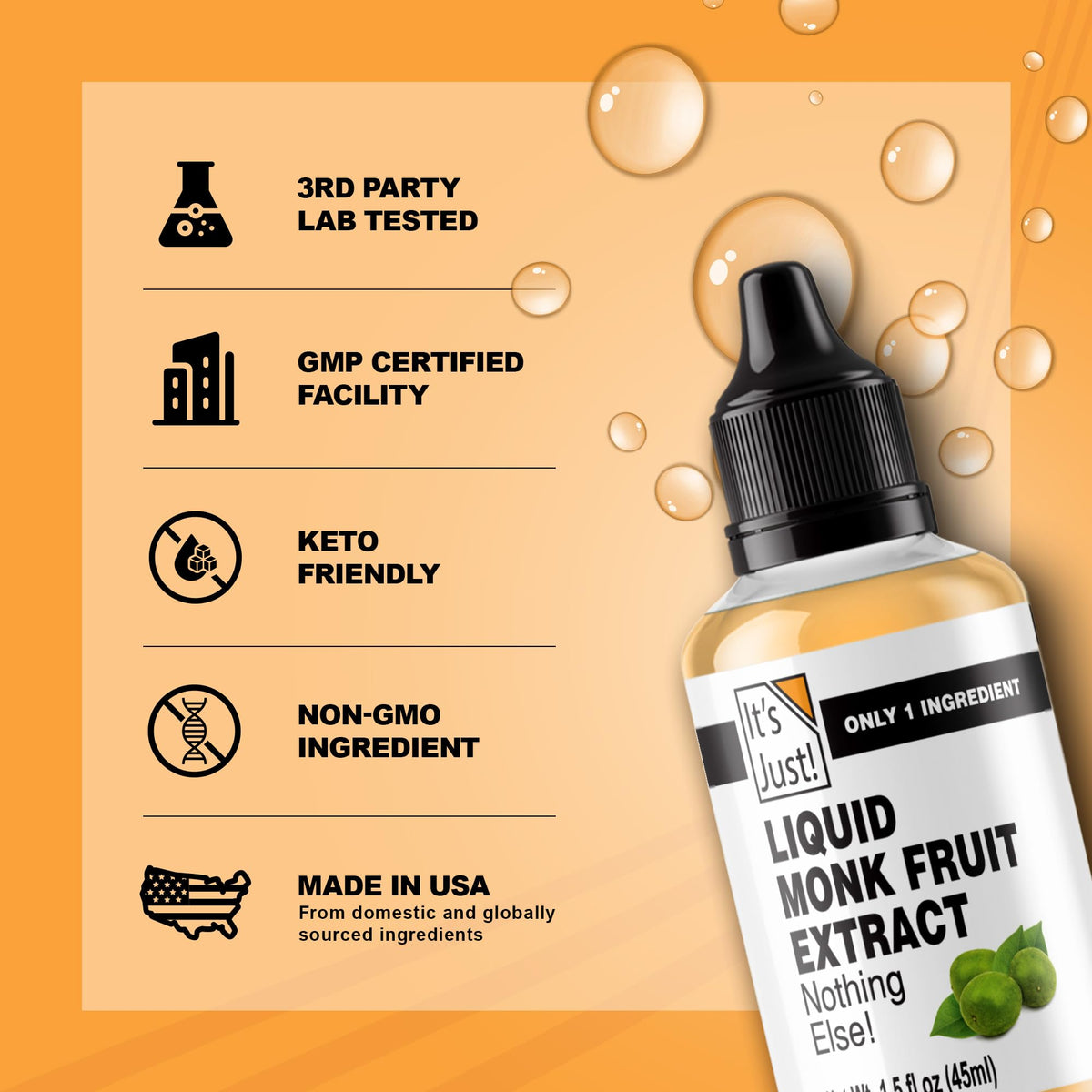 It's Just! Monk fruit liquid drops dispensed for precise natural sweetness in beverages.