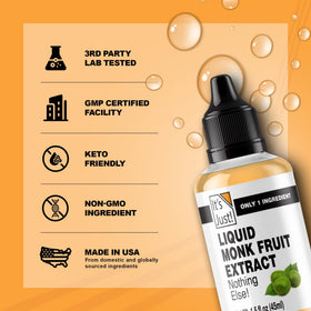 It's Just! Monk fruit liquid drops dispensed for precise natural sweetness in beverages.
