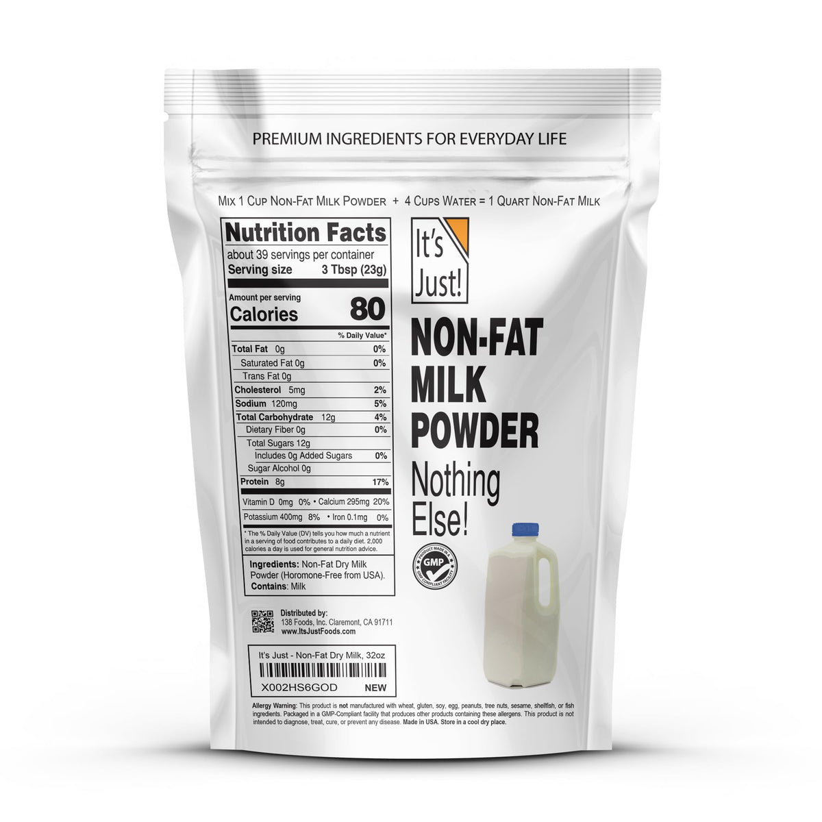 It's Just! milk powder being dissolved in water for a quick milk substitute.
