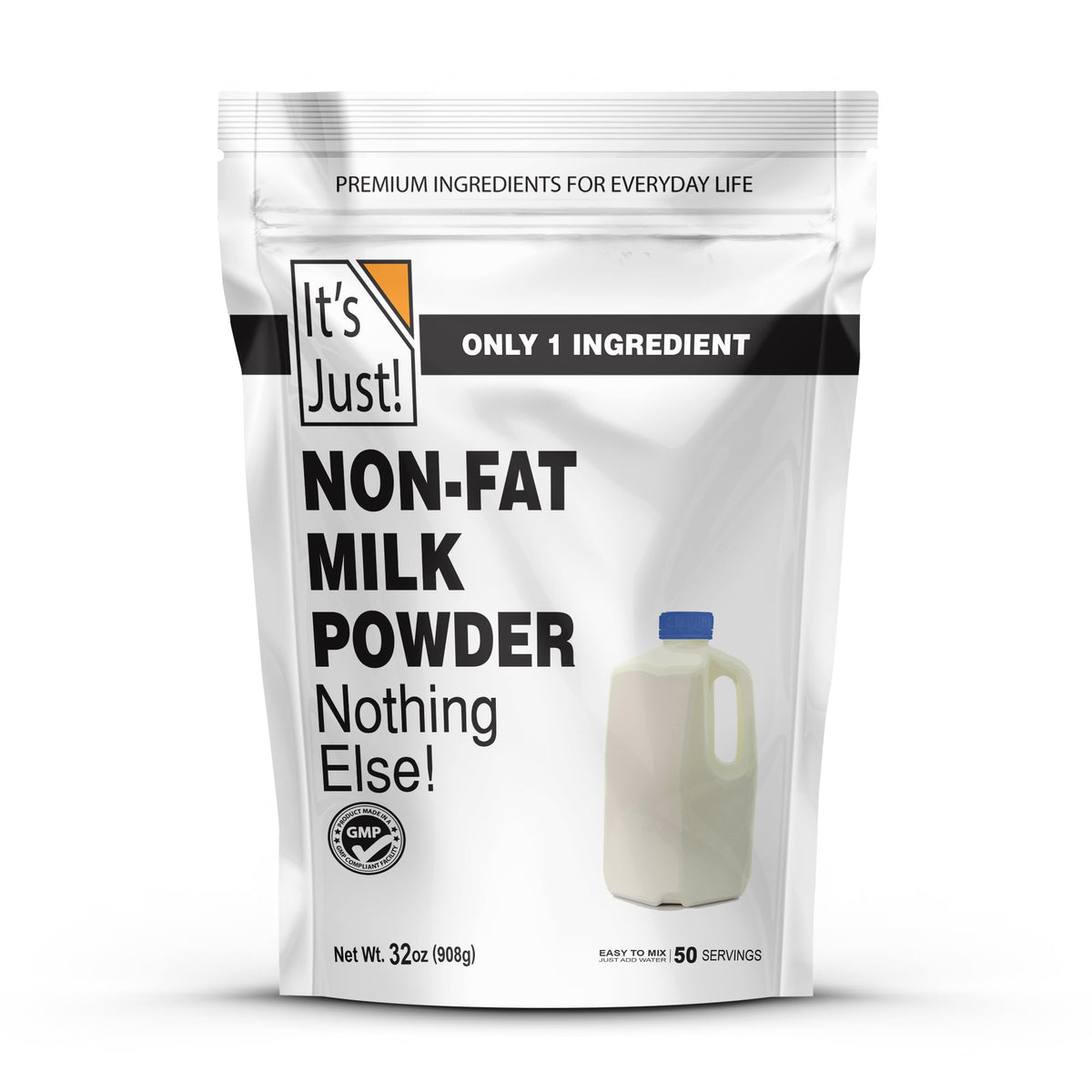 It's Just! non-fat milk powder packaging highlighting shelf-stable storage for easy pantry care.