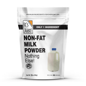 It's Just! non-fat milk powder packaging highlighting shelf-stable storage for easy pantry care.