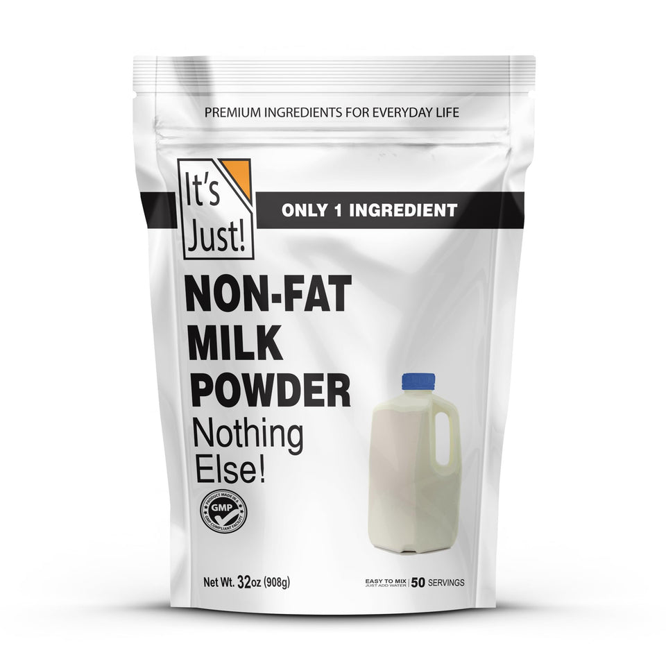 It's Just! non-fat milk powder packaging highlighting shelf-stable storage for easy pantry care.