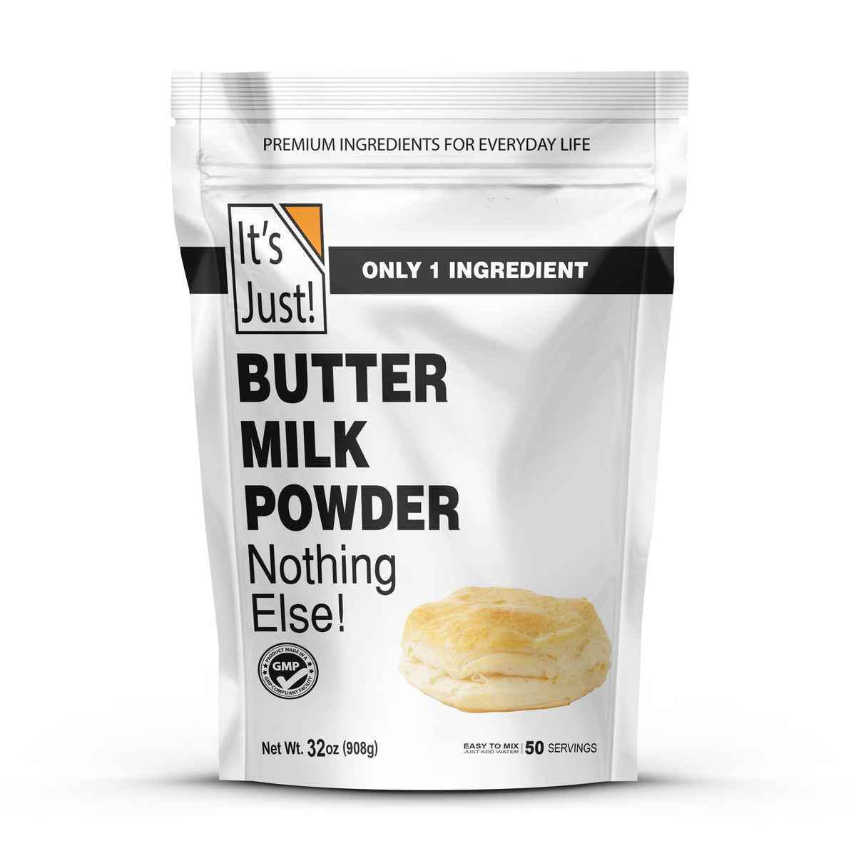 It's Just! powdered buttermilk bottle pouring for quick, consistent batter prep.