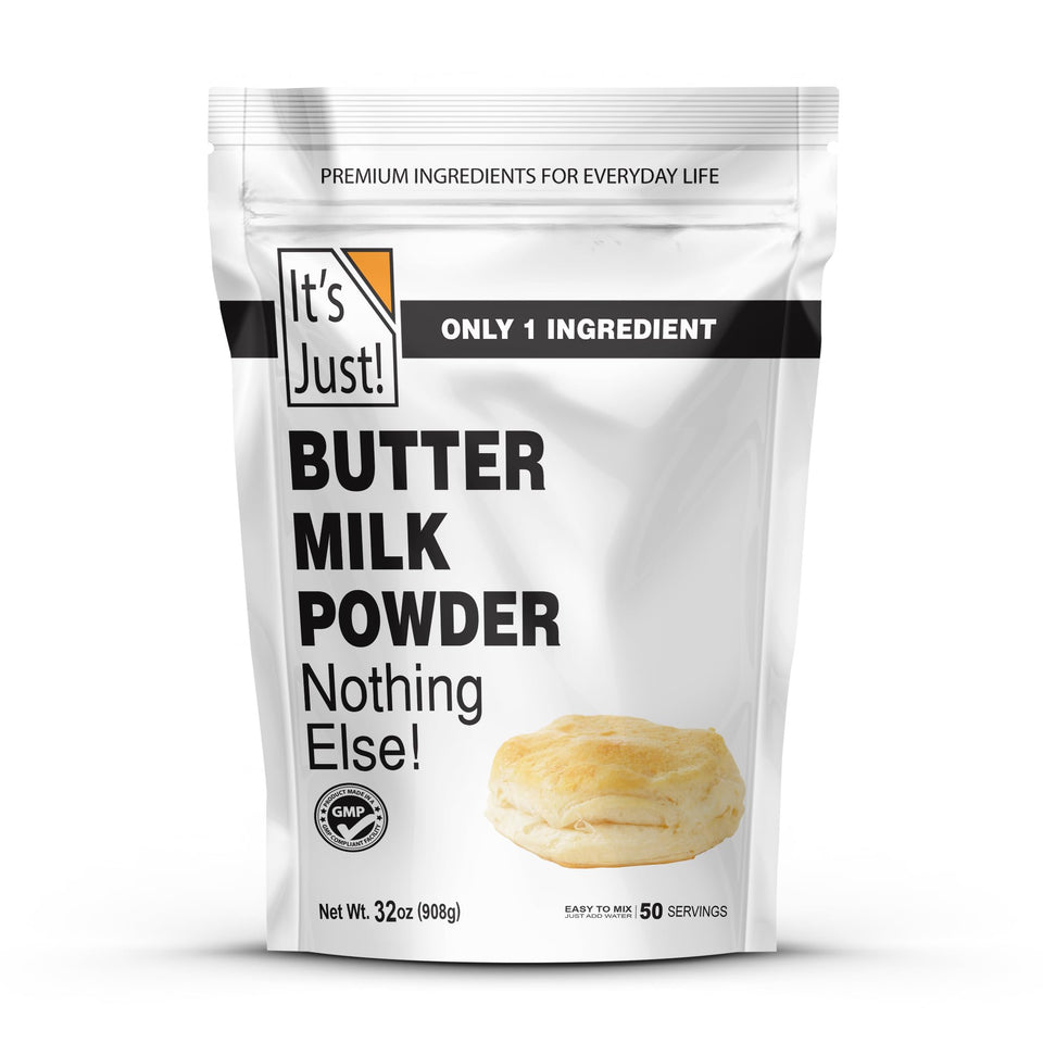 It's Just! powdered buttermilk bottle pouring for quick, consistent batter prep.