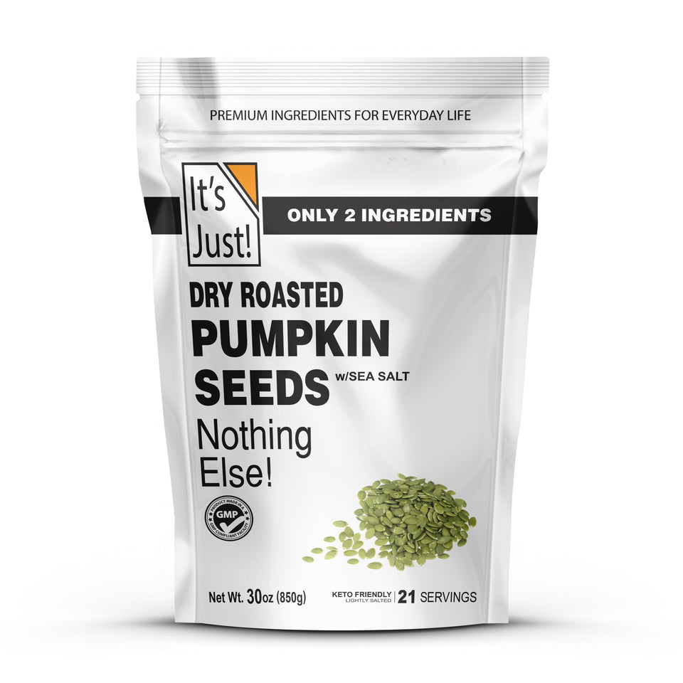It's Just! pumpkin seeds no-shell dry-roasted sea-salted for a crunchy keto snack.