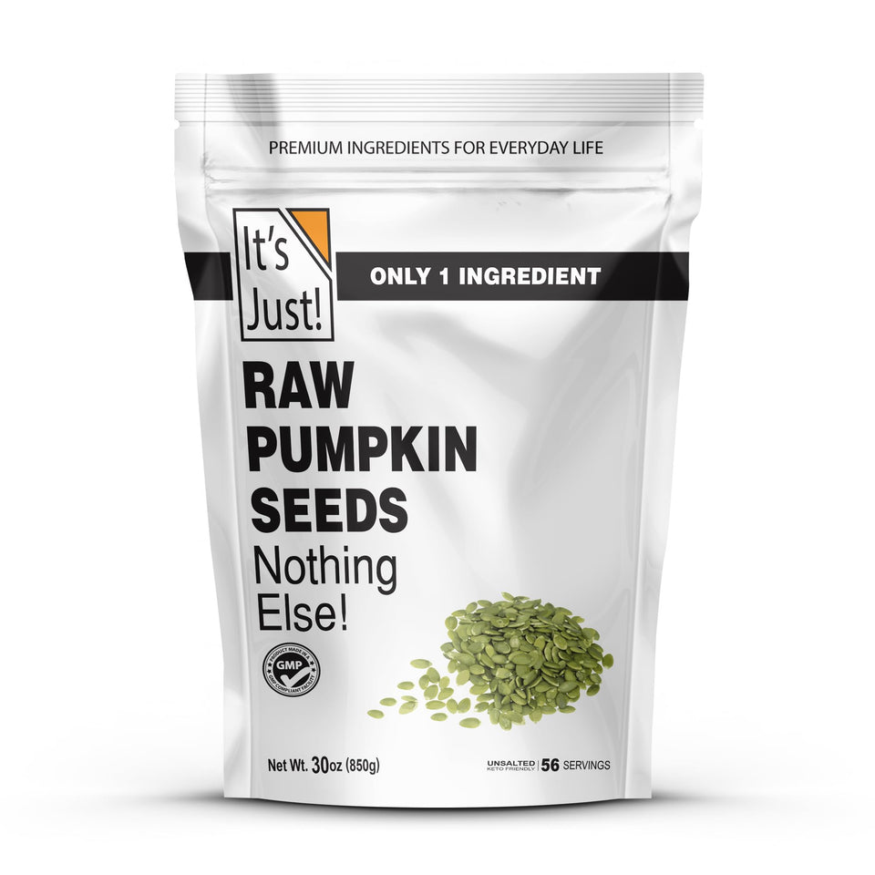 Its Just pumpkin seeds raw-unsalted 30oz pack shows protein-rich snack for daily nutrition.