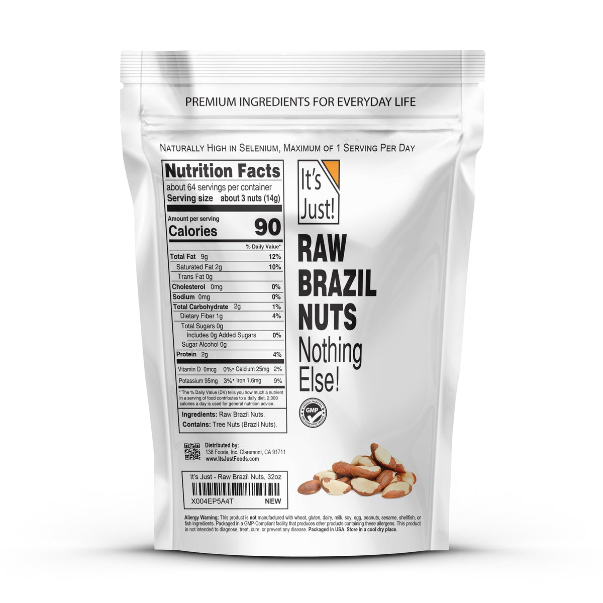 It's Just! Raw Brazil Nuts bag closeup highlights premium whole nuts